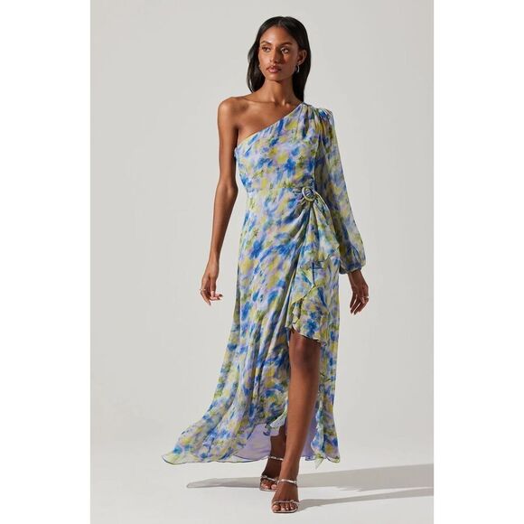 Astr the Label Women's Sandersonia Floral One Shoulder Dress Blue size S NWT - Picture 1 of 7